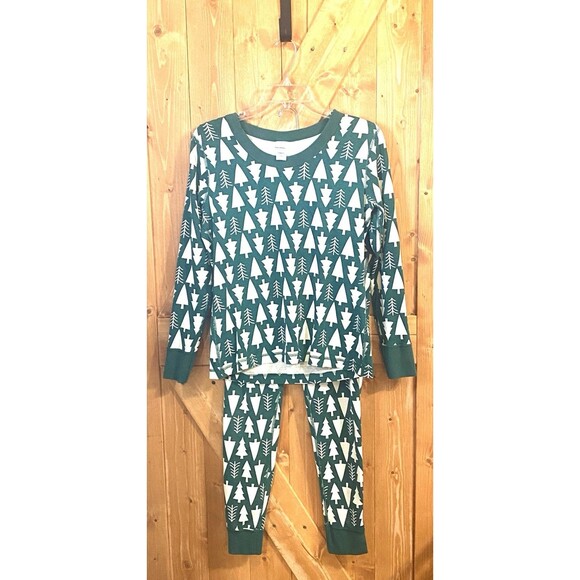 Hanna Andersson Organic Cotton Pajama Set Christmas Trees Holiday Top L Bottom M - Picture 1 of 16